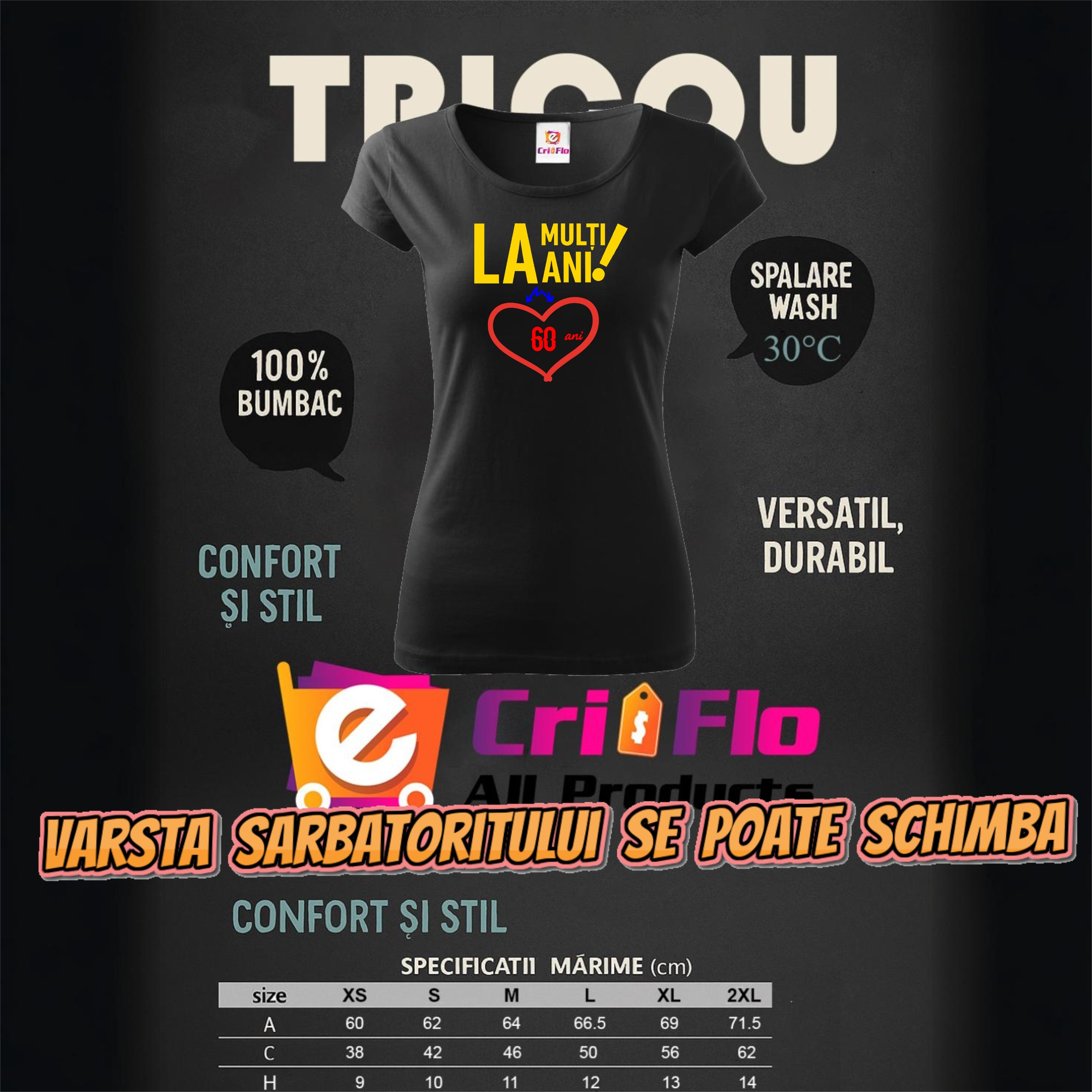 Tricou Dama tabel marimi Tricou aniversar dama la multi ani